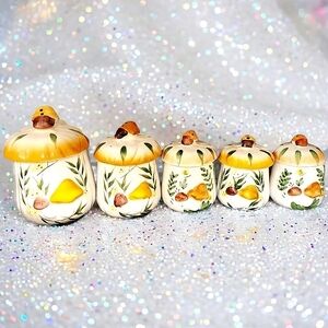 Set of 5 whimsical mushroom butterfly ceramic canisters